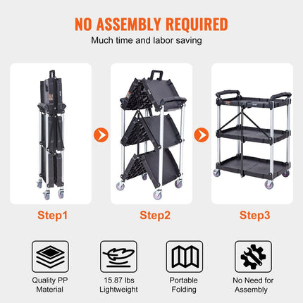 Foldable Utility Service Cart, 3 Shelf 165LBS Heavy Duty Plastic Rolling Cart with Lockable Wheels, Ergonomic Handle, Portable Garage Tool Cart for Warehouse/Office/Home(25.62"x15.43"x32.76").
