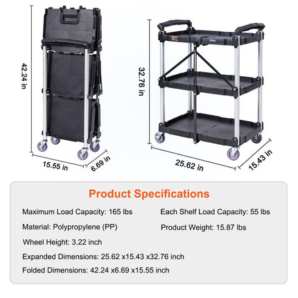 Foldable Utility Service Cart, 3 Shelf 165LBS Heavy Duty Plastic Rolling Cart with Lockable Wheels, Ergonomic Handle, Portable Garage Tool Cart for Warehouse/Office/Home(25.62"x15.43"x32.76").