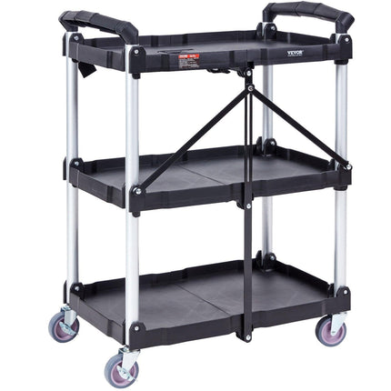 Foldable Utility Service Cart, 3 Shelf 165LBS Heavy Duty Plastic Rolling Cart with Lockable Wheels, Ergonomic Handle, Portable Garage Tool Cart for Warehouse/Office/Home(25.62"x15.43"x32.76").