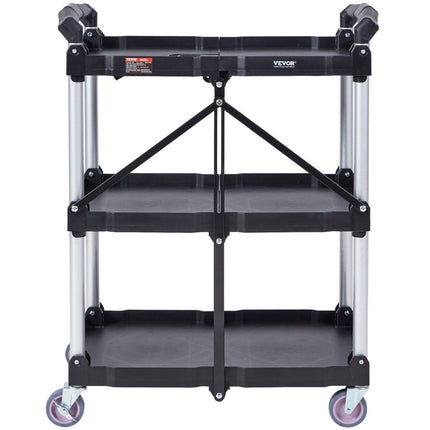 Foldable Utility Service Cart, 3 Shelf 165LBS Heavy Duty Plastic Rolling Cart with Lockable Wheels, Ergonomic Handle, Portable Garage Tool Cart for Warehouse/Office/Home(25.62"x15.43"x32.76").