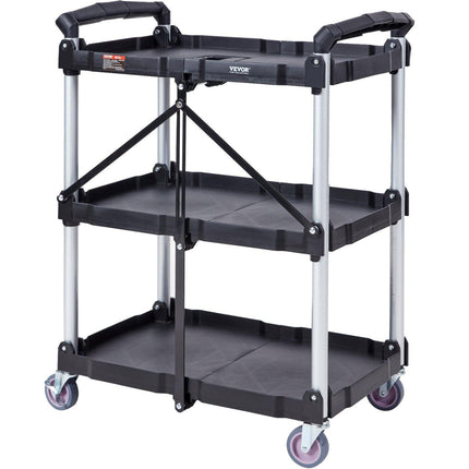 Foldable Utility Service Cart, 3 Shelf 165LBS Heavy Duty Plastic Rolling Cart with Lockable Wheels, Ergonomic Handle, Portable Garage Tool Cart for Warehouse/Office/Home(25.62"x15.43"x32.76").