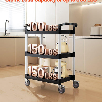 Utility Cart, 300 lbs Load Capacity, 3-tier Utility Plastic Cart with 360° Swivel Wheels (2 with Brakes), 24.4 x 16.1-inch Food Service Cart for Warehouse, Office, Home, Restaurant, Kitchen.