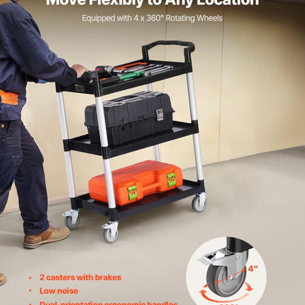 Utility Cart, 300 lbs Load Capacity, 3-tier Utility Plastic Cart with 360° Swivel Wheels (2 with Brakes), 24.4 x 16.1-inch Food Service Cart for Warehouse, Office, Home, Restaurant, Kitchen.