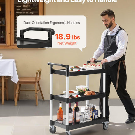 Utility Cart, 300 lbs Load Capacity, 3-tier Utility Plastic Cart with 360° Swivel Wheels (2 with Brakes), 24.4 x 16.1-inch Food Service Cart for Warehouse, Office, Home, Restaurant, Kitchen.
