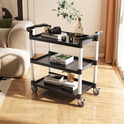 Utility Cart, 300 lbs Load Capacity, 3-tier Utility Plastic Cart with 360° Swivel Wheels (2 with Brakes), 24.4 x 16.1-inch Food Service Cart for Warehouse, Office, Home, Restaurant, Kitchen.