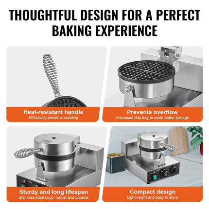Commercial Waffle Maker, 1230W Round Waffle Baker Machine, Non-Stick Stainless Steel Belgian Waffle Iron with Temperature and Time Control, Handle, for Restaurant Bakery Snack Bar Family.