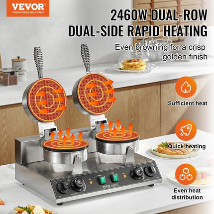 Commercial Waffle Maker, Dual-Head Round Waffle Baker Machine, 2460W Non-Stick Stainless Steel Belgian Waffle Iron with Temp and Time Control, Handle, for Restaurant Bakery Snack Bar Family.