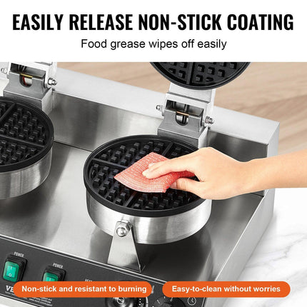 Commercial Waffle Maker, Dual-Head Round Waffle Baker Machine, 2460W Non-Stick Stainless Steel Belgian Waffle Iron with Temp and Time Control, Handle, for Restaurant Bakery Snack Bar Family.