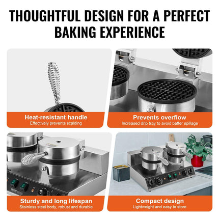 Commercial Waffle Maker, Dual-Head Round Waffle Baker Machine, 2460W Non-Stick Stainless Steel Belgian Waffle Iron with Temp and Time Control, Handle, for Restaurant Bakery Snack Bar Family.