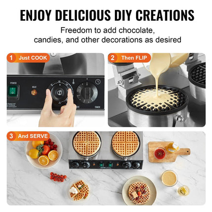 Commercial Waffle Maker, Dual-Head Round Waffle Baker Machine, 2460W Non-Stick Stainless Steel Belgian Waffle Iron with Temp and Time Control, Handle, for Restaurant Bakery Snack Bar Family.