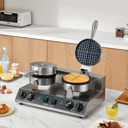 Commercial Waffle Maker, Dual-Head Round Waffle Baker Machine, 2460W Non-Stick Stainless Steel Belgian Waffle Iron with Temp and Time Control, Handle, for Restaurant Bakery Snack Bar Family.