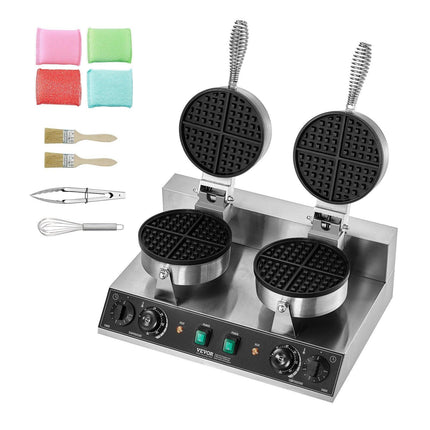Commercial Waffle Maker, Dual-Head Round Waffle Baker Machine, 2460W Non-Stick Stainless Steel Belgian Waffle Iron with Temp and Time Control, Handle, for Restaurant Bakery Snack Bar Family.