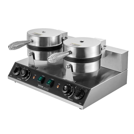 Commercial Waffle Maker, Dual-Head Round Waffle Baker Machine, 2460W Non-Stick Stainless Steel Belgian Waffle Iron with Temp and Time Control, Handle, for Restaurant Bakery Snack Bar Family.