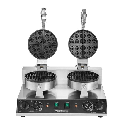 Commercial Waffle Maker, Dual-Head Round Waffle Baker Machine, 2460W Non-Stick Stainless Steel Belgian Waffle Iron with Temp and Time Control, Handle, for Restaurant Bakery Snack Bar Family.