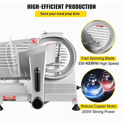 Commercial Meat Slicer, 200W Electric Deli Food Slicer, 350-400RPM Meat Slicer with 8" Carbon Steel Blade, 0 - 0.47 inch Adjustable Thickness Electric Meat Slicer for Home and Commercial Use.