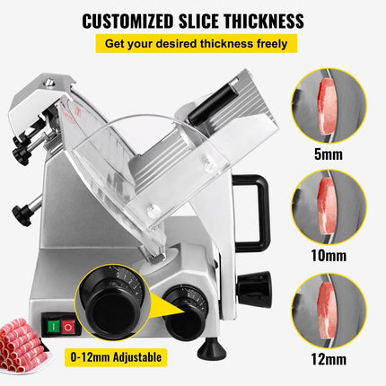 Commercial Meat Slicer, 200W Electric Deli Food Slicer, 350-400RPM Meat Slicer with 8" Carbon Steel Blade, 0 - 0.47 inch Adjustable Thickness Electric Meat Slicer for Home and Commercial Use.