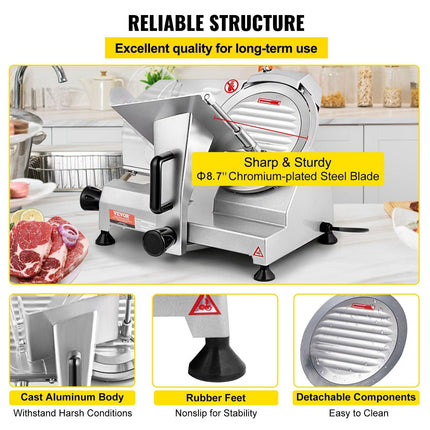 Commercial Meat Slicer, 200W Electric Deli Food Slicer, 350-400RPM Meat Slicer with 8" Carbon Steel Blade, 0 - 0.47 inch Adjustable Thickness Electric Meat Slicer for Home and Commercial Use.
