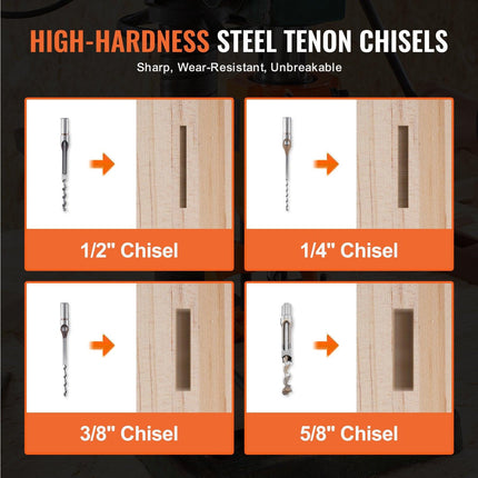Mortising Attachment for Drill Press, 4 Model Drills Square Hole Chisel Set, Bench Drill Locator Set Mortise and Tenon Tools with 5 Bushings, for Woodworking Mortising Tenoning Drilling Machine.
