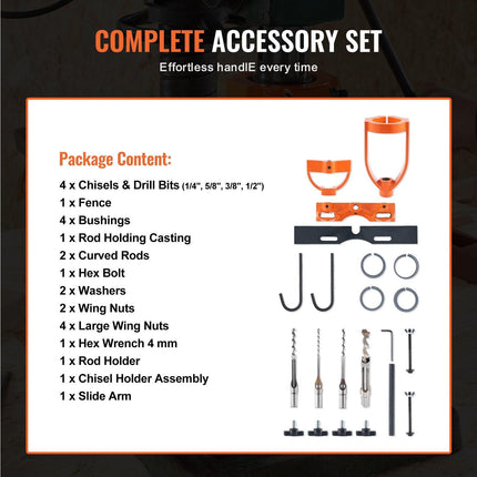 Mortising Attachment for Drill Press, 4 Model Drills Square Hole Chisel Set, Bench Drill Locator Set Mortise and Tenon Tools with 5 Bushings, for Woodworking Mortising Tenoning Drilling Machine.