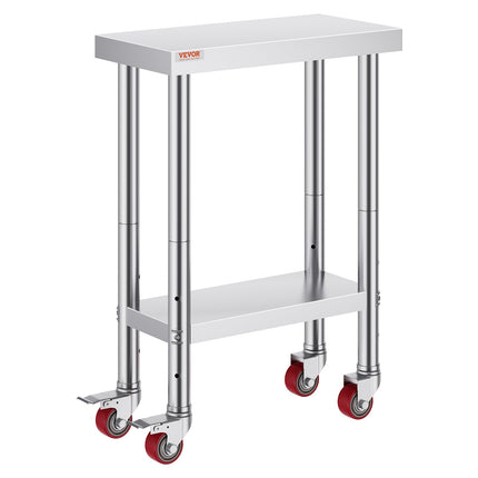 Stainless Steel Work Table with Wheels 24 x 12 x 32 Inch Prep Table with 4 Casters Heavy Duty Work Table for Commercial Kitchen Restaurant Business.