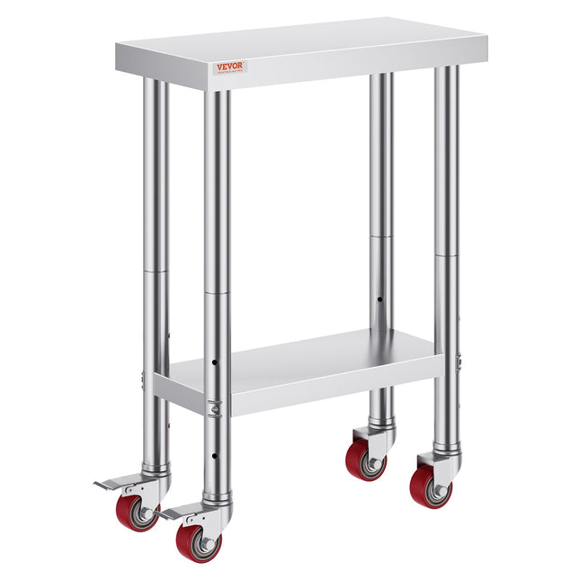 Stainless Steel Work Table with Wheels 24 x 12 x 32 Inch Prep Table with 4 Casters Heavy Duty Work Table for Commercial Kitchen Restaurant Business.