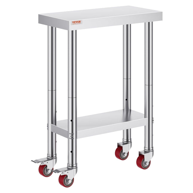 Stainless Steel Work Table with Wheels 24 x 12 x 32 Inch Prep Table with 4 Casters Heavy Duty Work Table for Commercial Kitchen Restaurant Business.