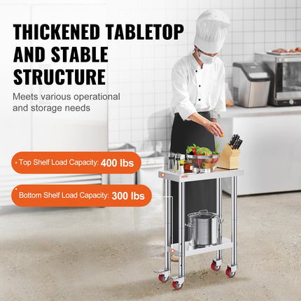 Stainless Steel Work Table with Wheels 24 x 12 x 32 Inch Prep Table with 4 Casters Heavy Duty Work Table for Commercial Kitchen Restaurant Business.