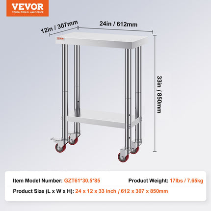 Stainless Steel Work Table with Wheels 24 x 12 x 32 Inch Prep Table with 4 Casters Heavy Duty Work Table for Commercial Kitchen Restaurant Business.