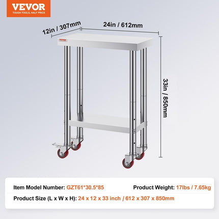 Stainless Steel Work Table with Wheels 24 x 12 x 32 Inch Prep Table with 4 Casters Heavy Duty Work Table for Commercial Kitchen Restaurant Business.
