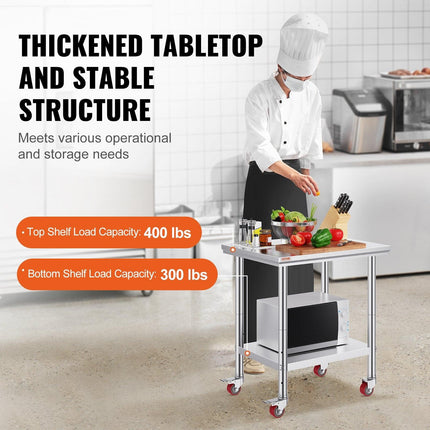 Stainless Steel Work Table with Wheels 24 x 30 Prep Table with casters Heavy Duty Work Table for Commercial Kitchen Restaurant Business (24 x 30 x 33.8 Inch).