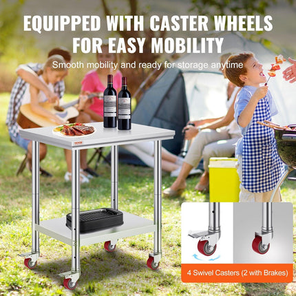 Stainless Steel Work Table with Wheels 24 x 30 Prep Table with casters Heavy Duty Work Table for Commercial Kitchen Restaurant Business (24 x 30 x 33.8 Inch).