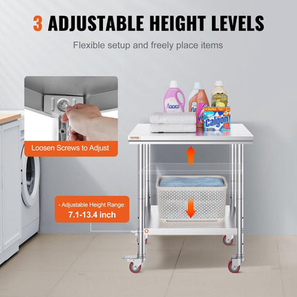 Stainless Steel Work Table with Wheels 24 x 30 Prep Table with casters Heavy Duty Work Table for Commercial Kitchen Restaurant Business (24 x 30 x 33.8 Inch).