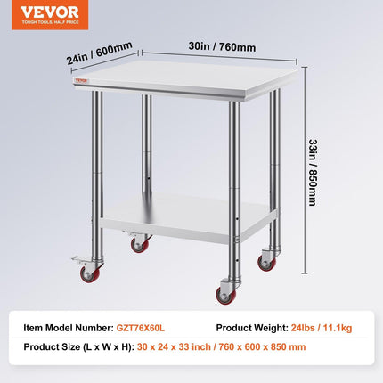 Stainless Steel Work Table with Wheels 24 x 30 Prep Table with casters Heavy Duty Work Table for Commercial Kitchen Restaurant Business (24 x 30 x 33.8 Inch).