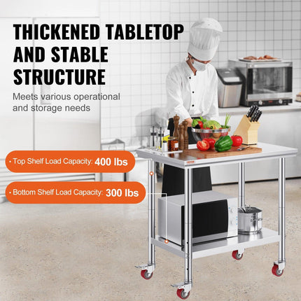 Stainless Steel Work Table 36x24 Inch with 4 Wheels Commercial Food Prep Worktable with Casters Heavy Duty Work Table for Commercial Kitchen Restaurant.