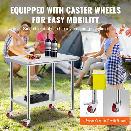 Stainless Steel Work Table 36x24 Inch with 4 Wheels Commercial Food Prep Worktable with Casters Heavy Duty Work Table for Commercial Kitchen Restaurant.