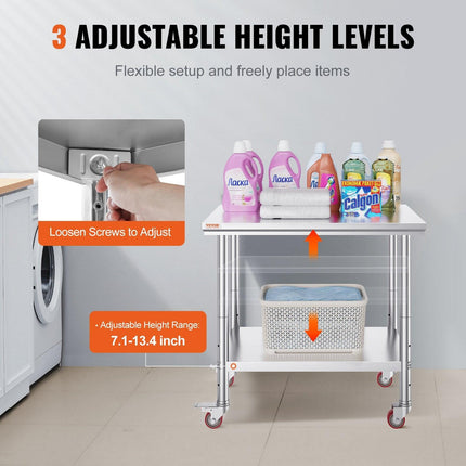 Stainless Steel Work Table 36x24 Inch with 4 Wheels Commercial Food Prep Worktable with Casters Heavy Duty Work Table for Commercial Kitchen Restaurant.