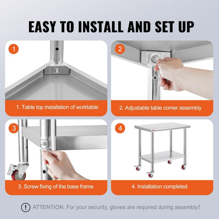 Stainless Steel Work Table 36x24 Inch with 4 Wheels Commercial Food Prep Worktable with Casters Heavy Duty Work Table for Commercial Kitchen Restaurant.