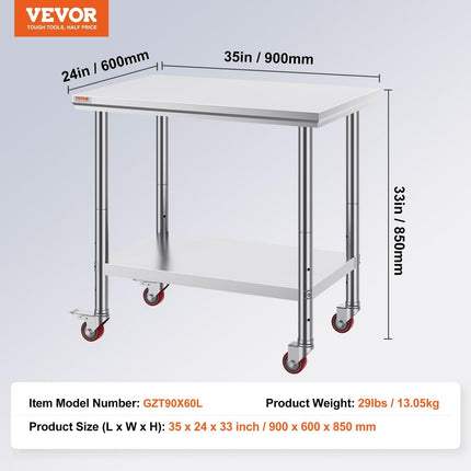 Stainless Steel Work Table 36x24 Inch with 4 Wheels Commercial Food Prep Worktable with Casters Heavy Duty Work Table for Commercial Kitchen Restaurant.