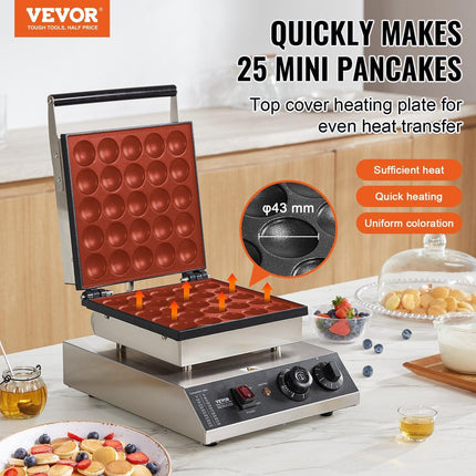 VEVOR Mini Dutch Pancake Maker, 25PCS 43mm Diameter Dorayaki Baker Machine, 1700W Commercial Electric Poffertjes Grill, Non-stick Stainless Steel, Temp & Time Control, for Home Kitchen Restaurant.