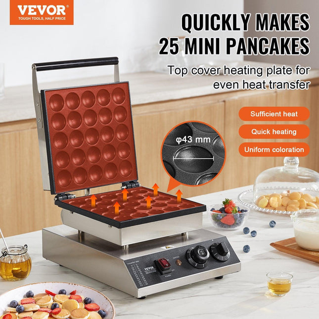 VEVOR Mini Dutch Pancake Maker, 25PCS 43mm Diameter Dorayaki Baker Machine, 1700W Commercial Electric Poffertjes Grill, Non-stick Stainless Steel, Temp & Time Control, for Home Kitchen Restaurant.