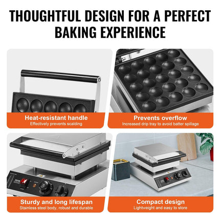 VEVOR Mini Dutch Pancake Maker, 25PCS 43mm Diameter Dorayaki Baker Machine, 1700W Commercial Electric Poffertjes Grill, Non-stick Stainless Steel, Temp & Time Control, for Home Kitchen Restaurant.