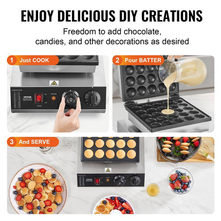 VEVOR Mini Dutch Pancake Maker, 25PCS 43mm Diameter Dorayaki Baker Machine, 1700W Commercial Electric Poffertjes Grill, Non-stick Stainless Steel, Temp & Time Control, for Home Kitchen Restaurant.