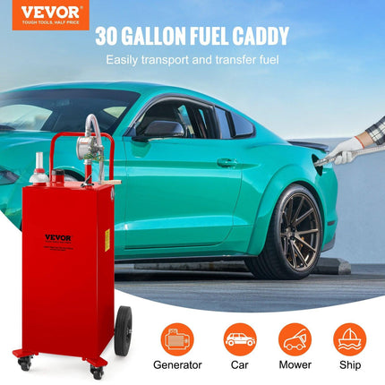 114L Fuel Caddy, Gas Storage Tank & 4 Wheels, with Manuel Transfer Pump, Gasoline Diesel Fuel Container for Cars, Lawn Mowers, ATVs, Boats, More, Red.