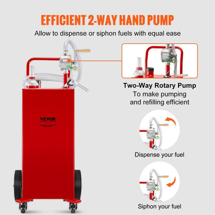 114L Fuel Caddy, Gas Storage Tank & 4 Wheels, with Manuel Transfer Pump, Gasoline Diesel Fuel Container for Cars, Lawn Mowers, ATVs, Boats, More, Red.