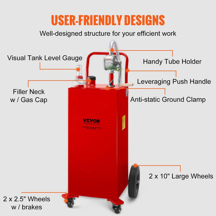 114L Fuel Caddy, Gas Storage Tank & 4 Wheels, with Manuel Transfer Pump, Gasoline Diesel Fuel Container for Cars, Lawn Mowers, ATVs, Boats, More, Red.