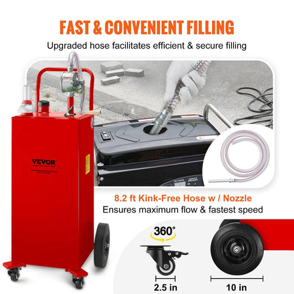 114L Fuel Caddy, Gas Storage Tank & 4 Wheels, with Manuel Transfer Pump, Gasoline Diesel Fuel Container for Cars, Lawn Mowers, ATVs, Boats, More, Red.