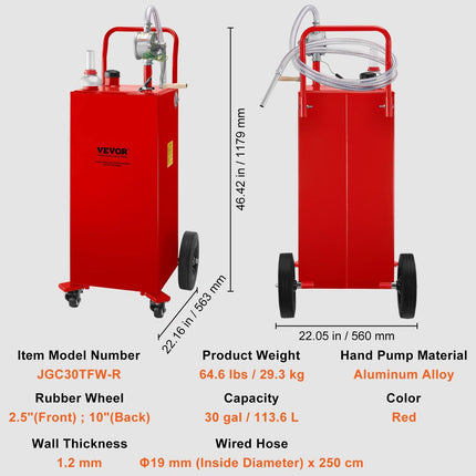 114L Fuel Caddy, Gas Storage Tank & 4 Wheels, with Manuel Transfer Pump, Gasoline Diesel Fuel Container for Cars, Lawn Mowers, ATVs, Boats, More, Red.