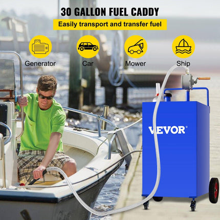 114L Fuel Caddy, Gas Storage Tank & 4 Wheels, with Manuel Transfer Pump, Gasoline Diesel Fuel Container for Cars, Lawn Mowers, ATVs, Boats, More, Blue.