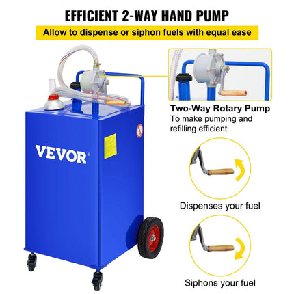 114L Fuel Caddy, Gas Storage Tank & 4 Wheels, with Manuel Transfer Pump, Gasoline Diesel Fuel Container for Cars, Lawn Mowers, ATVs, Boats, More, Blue.