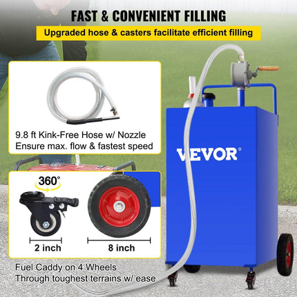 114L Fuel Caddy, Gas Storage Tank & 4 Wheels, with Manuel Transfer Pump, Gasoline Diesel Fuel Container for Cars, Lawn Mowers, ATVs, Boats, More, Blue.